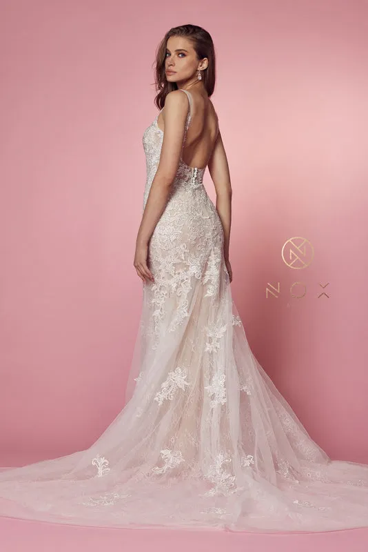 NOX ANABEL H493 V Neck Open Back Wedding Dress