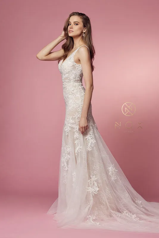 NOX ANABEL H493 V Neck Open Back Wedding Dress