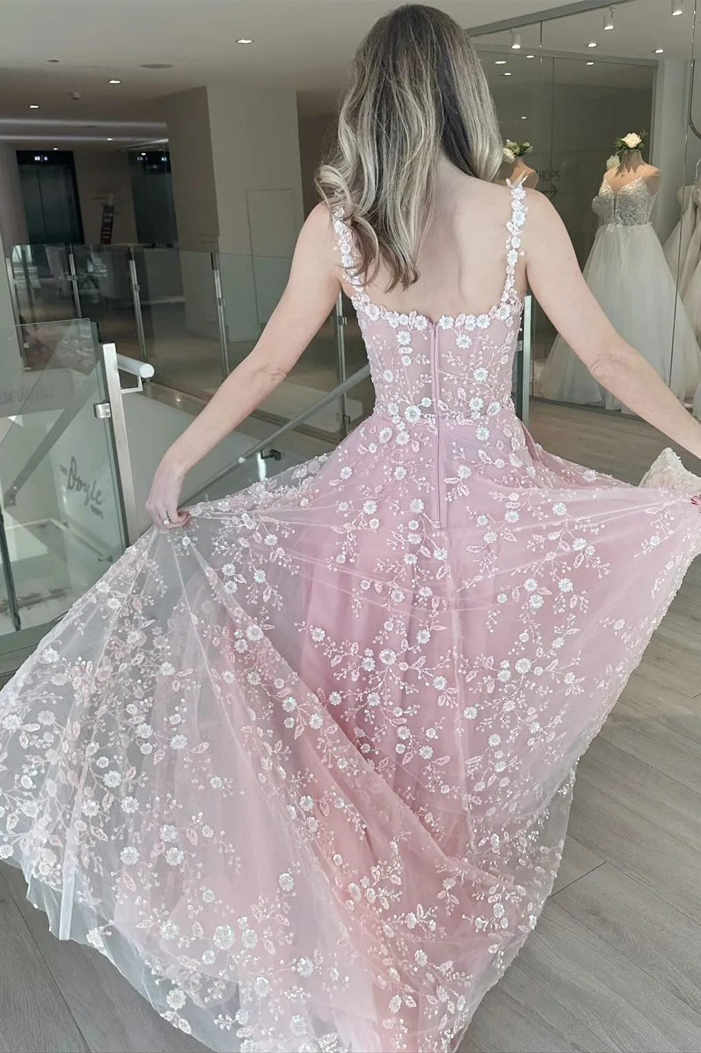 Odalys | Pink A Line Tulle Prom Dress With Floral Appliques
