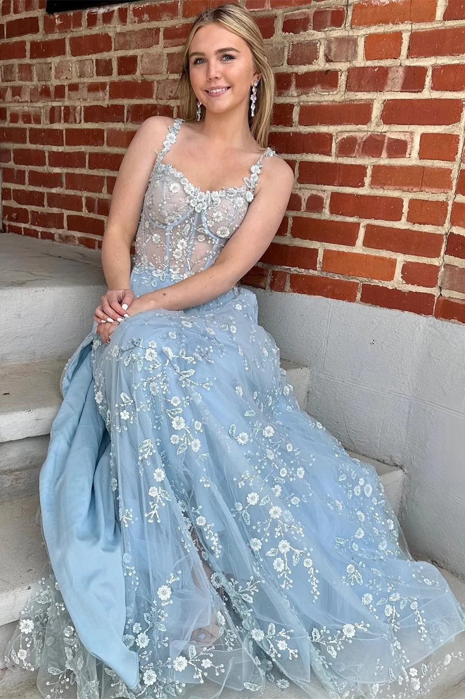 Odalys | Pink A Line Tulle Prom Dress With Floral Appliques