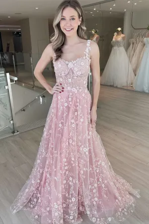 Odalys | Pink A Line Tulle Prom Dress With Floral Appliques