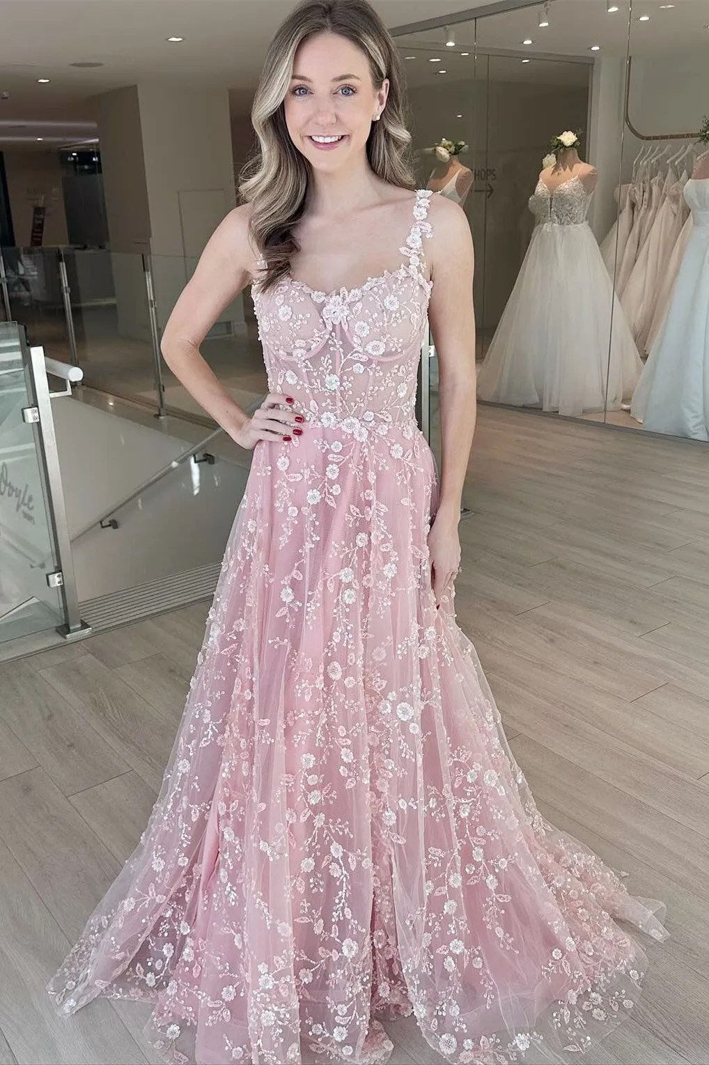 Odalys | Pink A Line Tulle Prom Dress With Floral Appliques