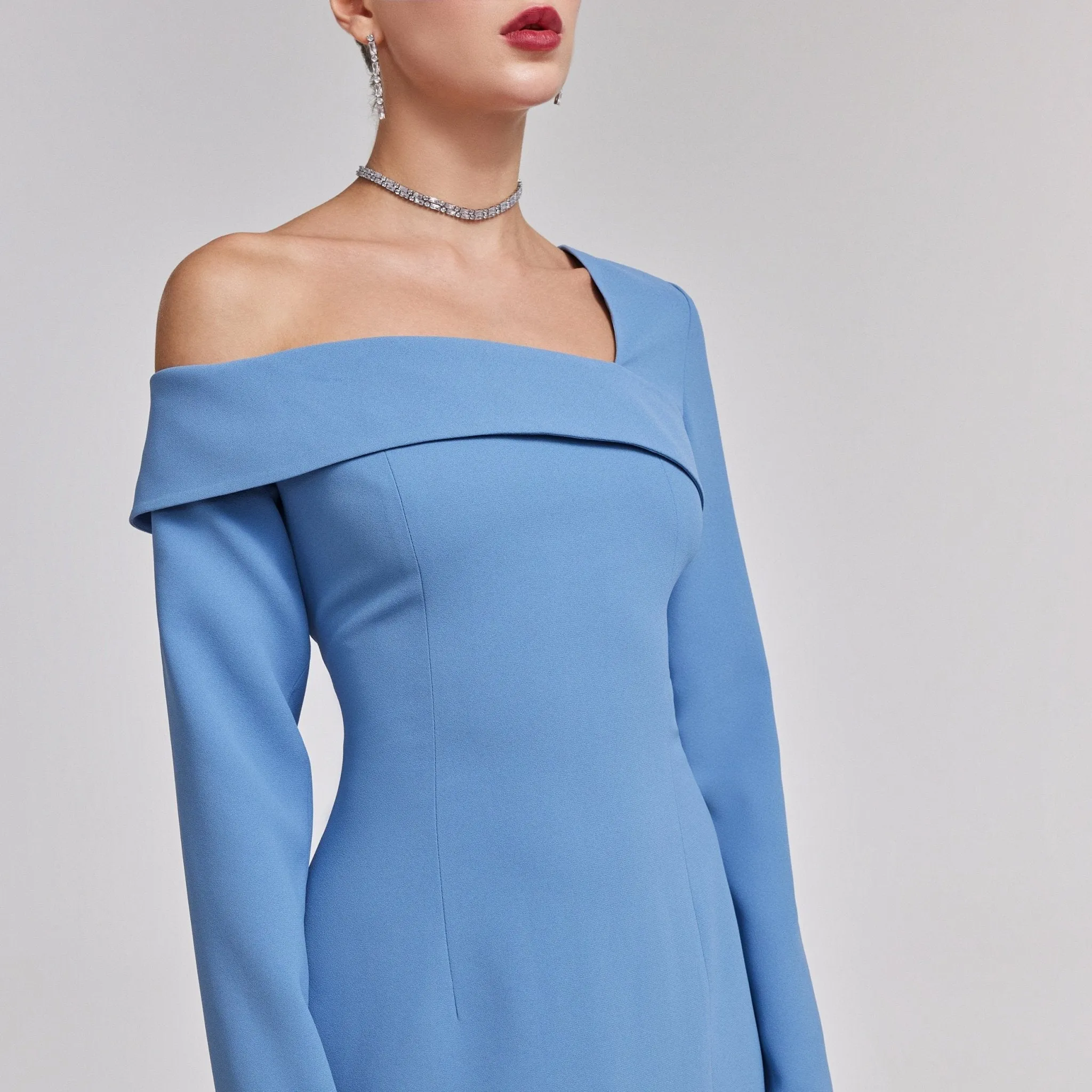 Off-Shoulder Blue Crepe Evening Gown