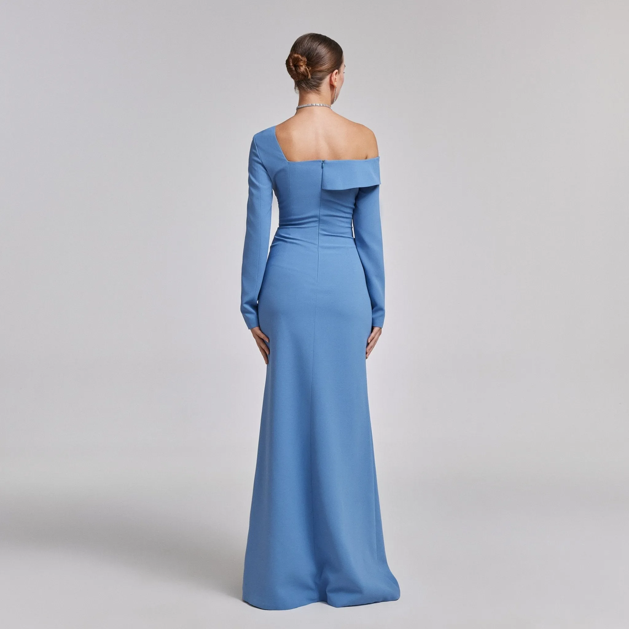 Off-Shoulder Blue Crepe Evening Gown