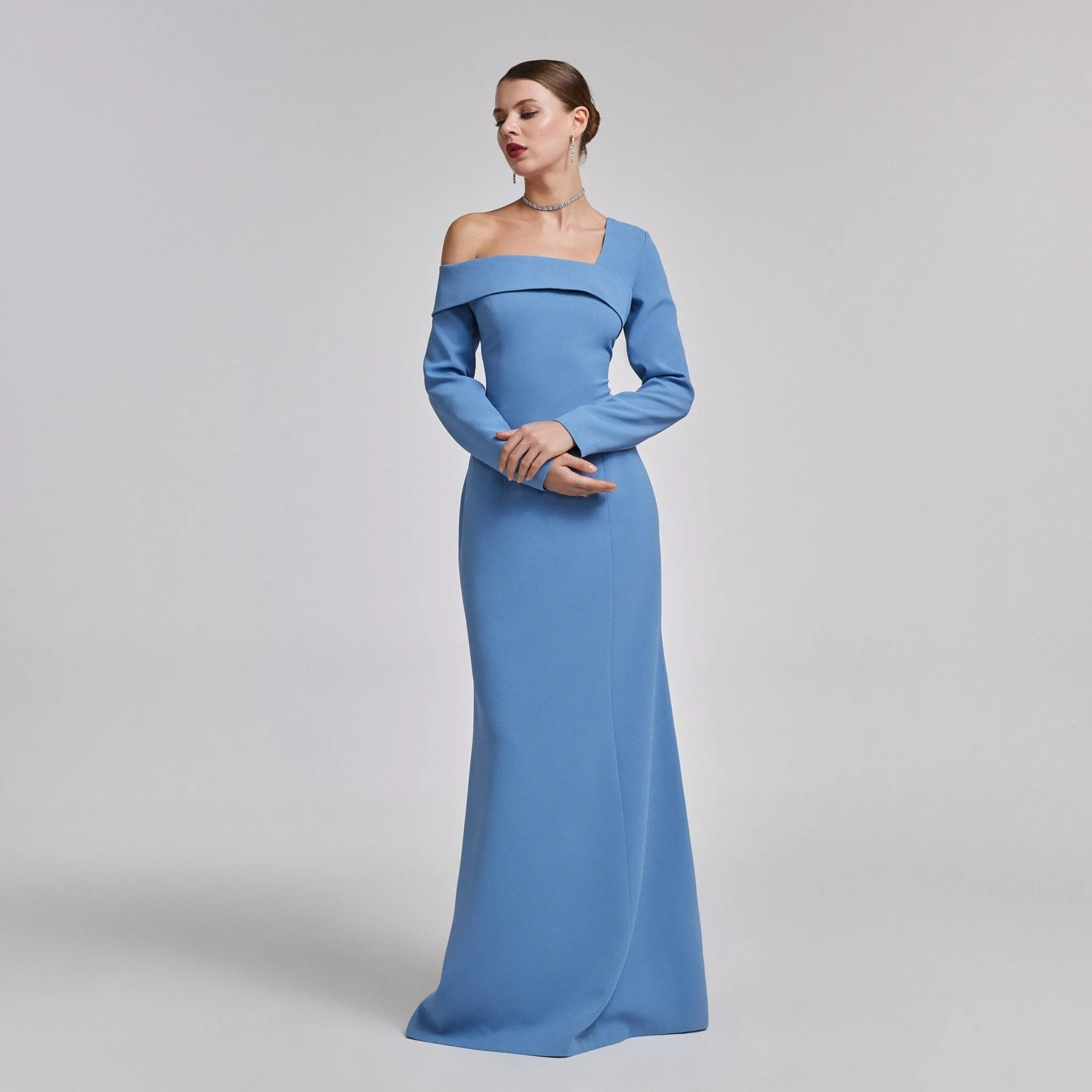 Off-Shoulder Blue Crepe Evening Gown