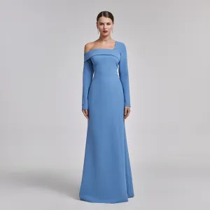 Off-Shoulder Blue Crepe Evening Gown