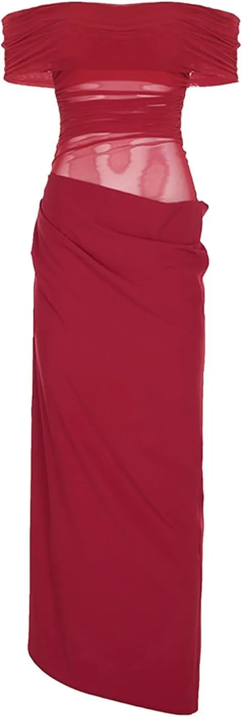 Off Shoulder Bridesmaid Dresses Long Ruched Chiffon Formal Evening Dress with Slit Woman Dresses Casual