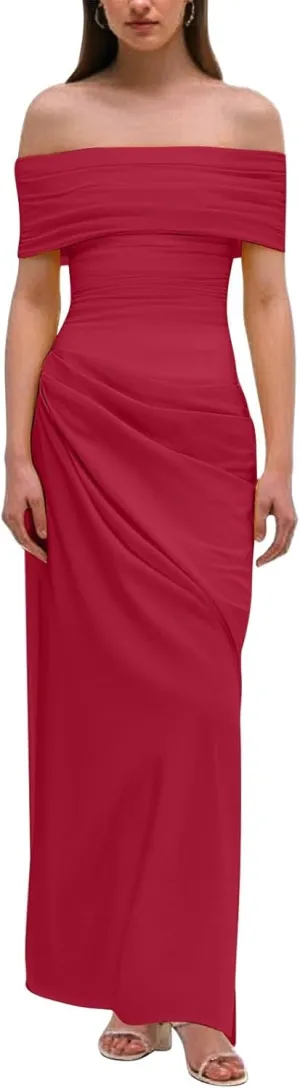 Off Shoulder Bridesmaid Dresses Long Ruched Chiffon Formal Evening Dress with Slit Woman Dresses Casual