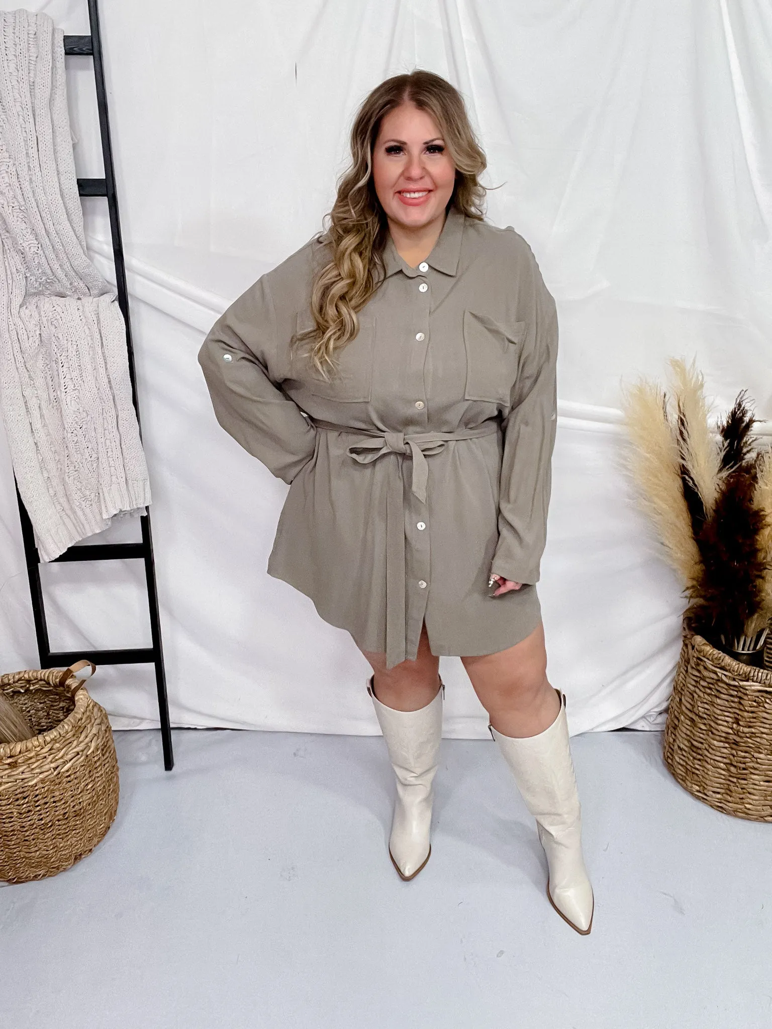 Olive Green Belted Button Up Dress