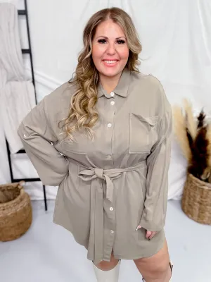 Olive Green Belted Button Up Dress