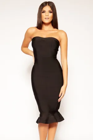 Pennie - Black Strapless Fishtail Bandage Midi Dress