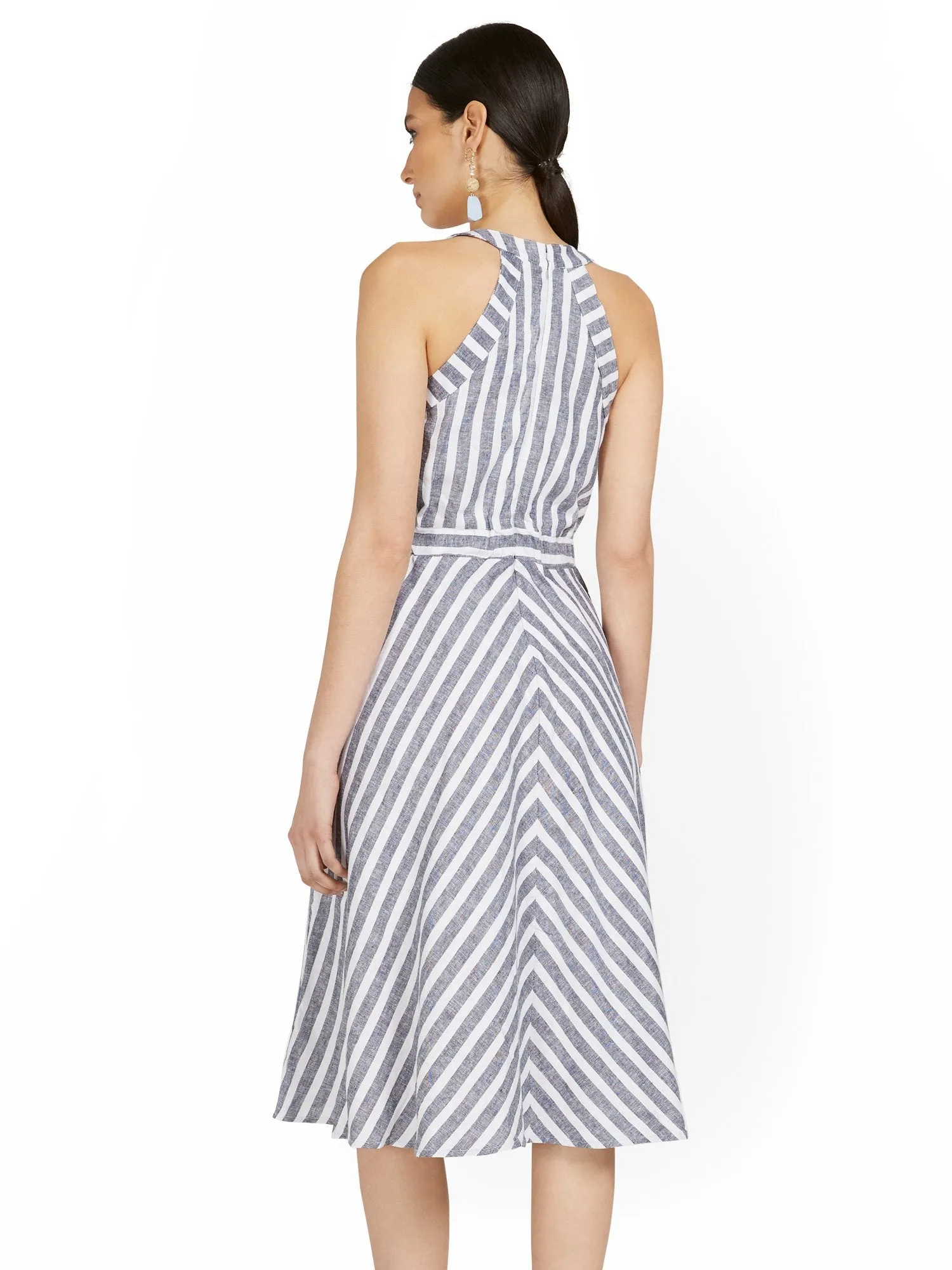 Petite Navy Linen-Blend Halter Fit and Flare Dress