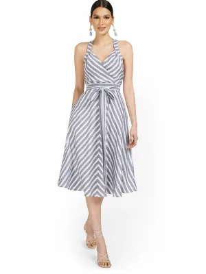 Petite Navy Linen-Blend Halter Fit and Flare Dress