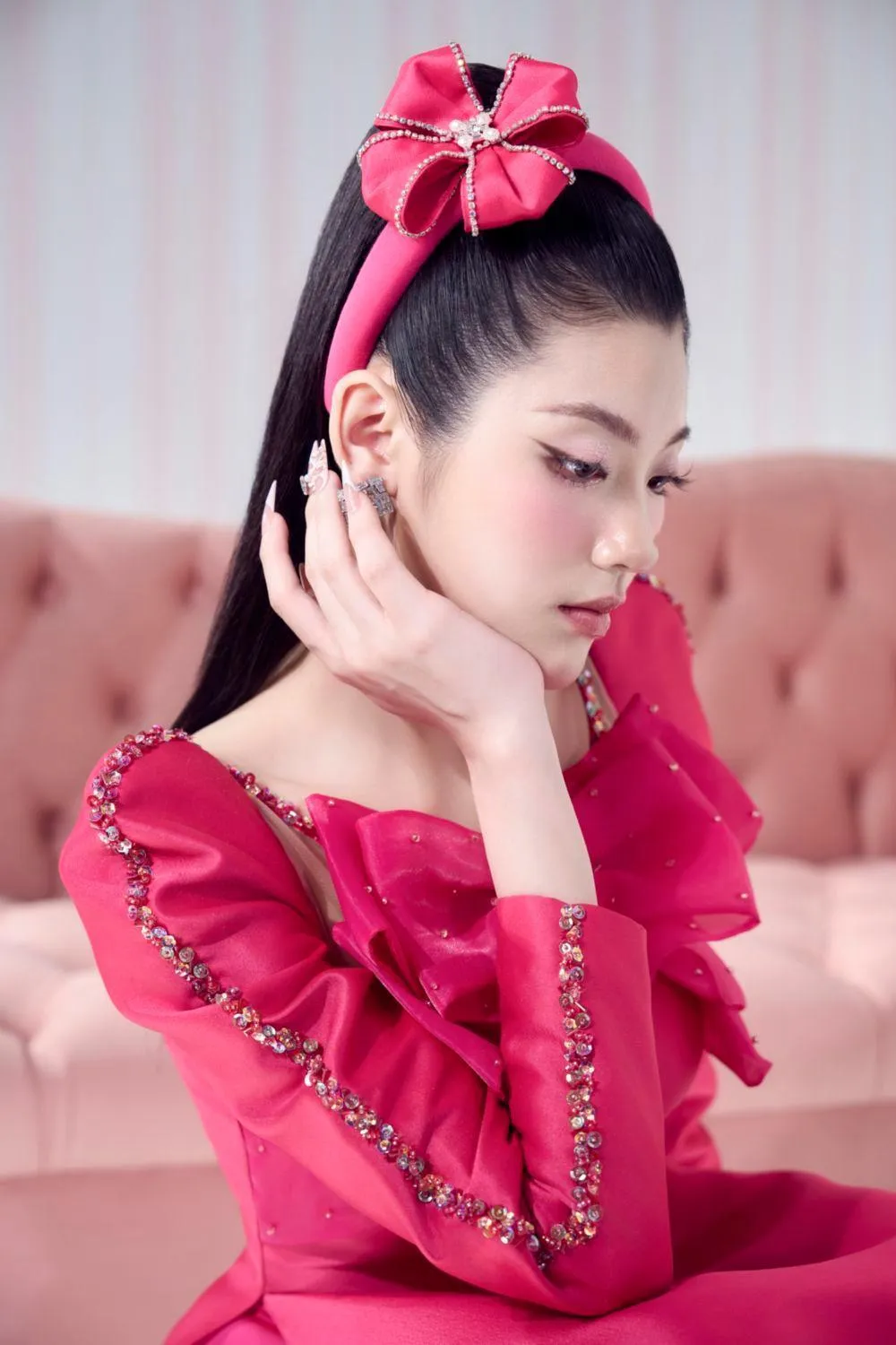 Pickled Plum Sheath Bow Taffeta Floor Length Ao Dai