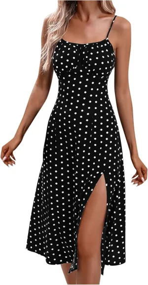 Polka Dot Dress for Women Spaghetti Strap Sleeveless Summer Cocktail Dress Casual Side Split Midi Dresses Beach Sundress