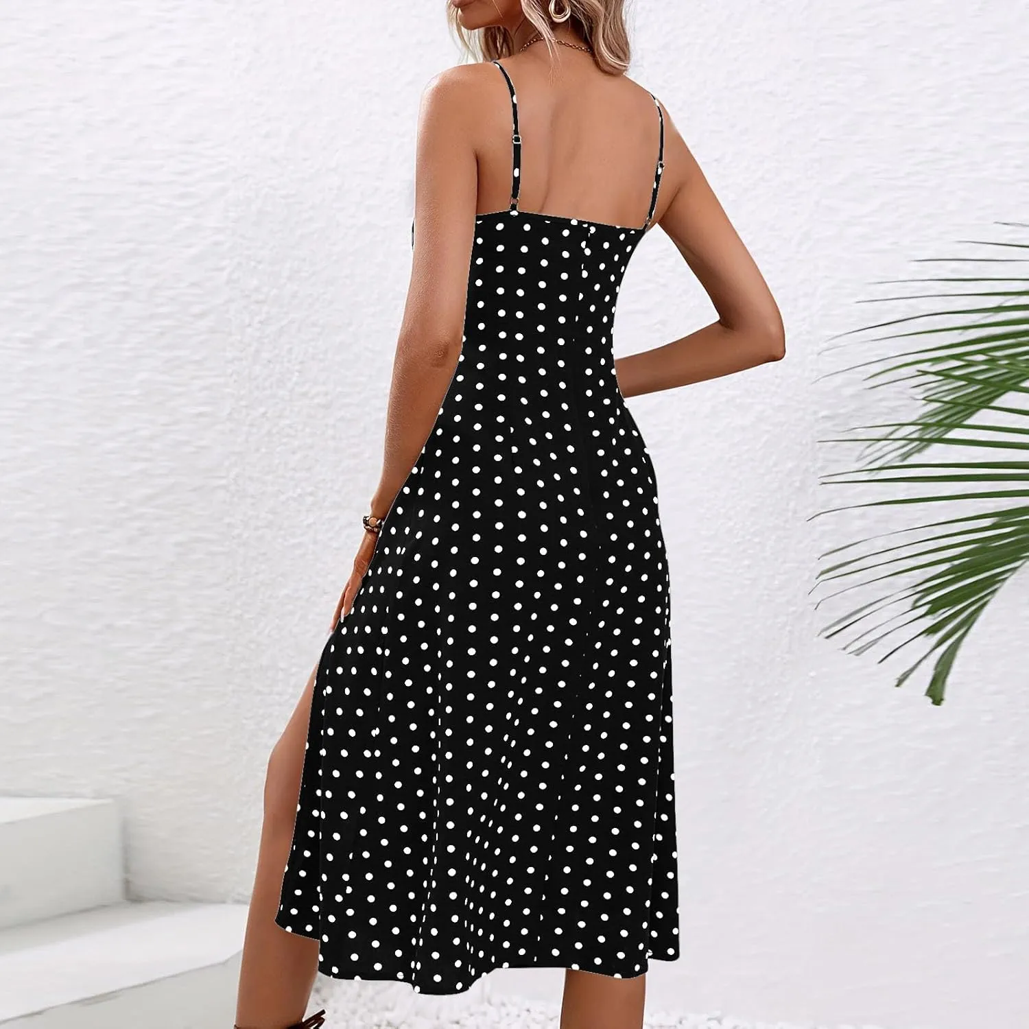 Polka Dot Dress for Women Spaghetti Strap Sleeveless Summer Cocktail Dress Casual Side Split Midi Dresses Beach Sundress