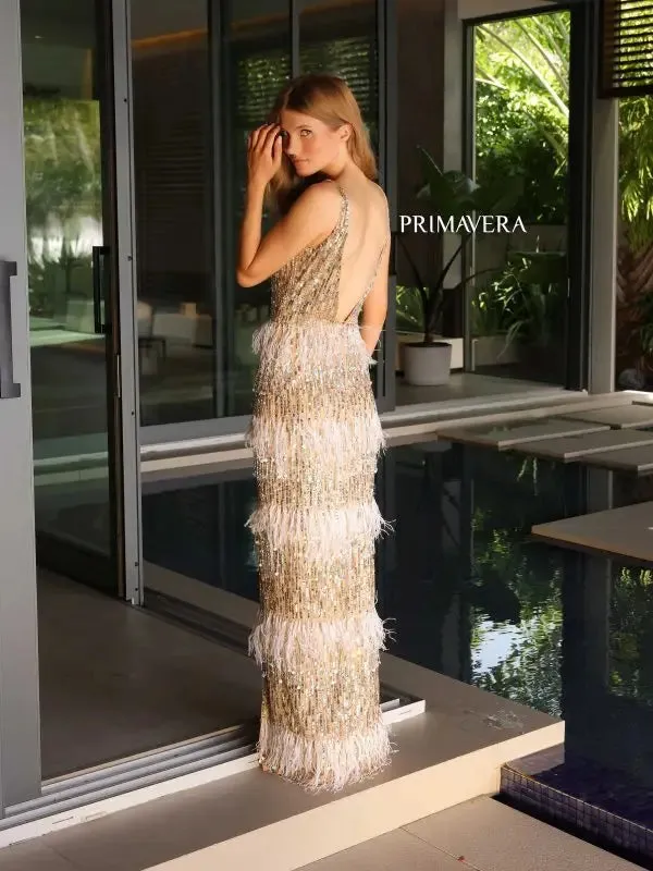 Primavera Couture 4132 Long Prom Dress V Neck Feathers High Slit Sequins Open Back Formal Pageant Gown