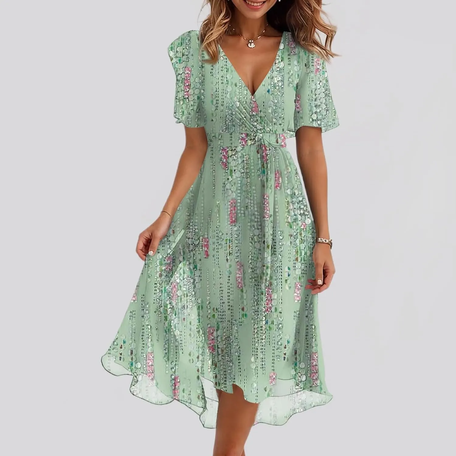 Prom Dresses 2025,Cocktail Prom Flowy Wrap Wedding Guest Womens Spring Dress Chiffon Sexy Midi Dresses for Women