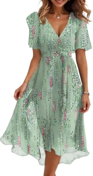 Prom Dresses 2025,Cocktail Prom Flowy Wrap Wedding Guest Womens Spring Dress Chiffon Sexy Midi Dresses for Women