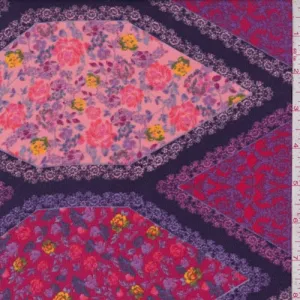 Purple/Peach Floral Diamond Crepe Fabric