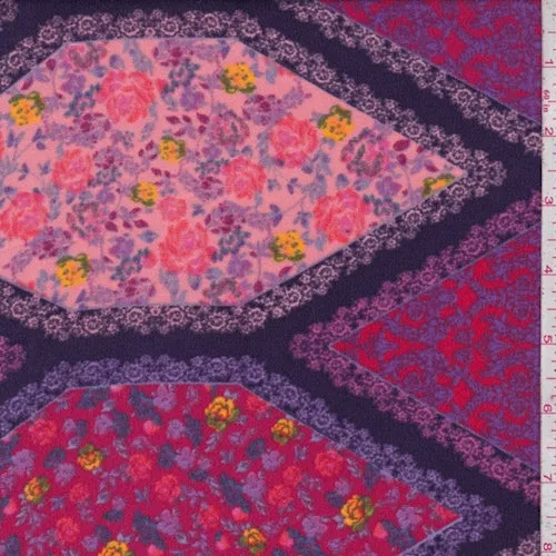 Purple/Peach Floral Diamond Crepe Fabric
