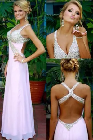 Sexy Halter Open Back A Line Prom Dresses Chiffon With Rhinestone