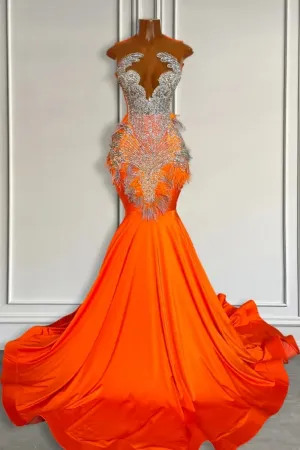 Sexy Sleeveless Jewel Neck Satin Mermaid Prom Dresses with Sweep Train