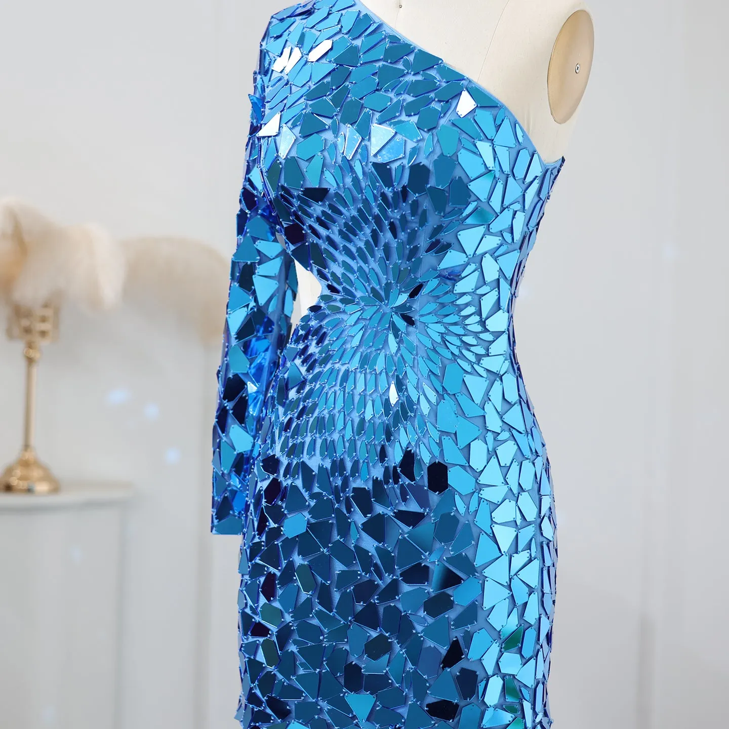 Sharon Said Turquoise Blue Short Mini Cocktail Party Dresses for Women Birthday Wedding Luxury Sequin Evening Club Gowns SS015