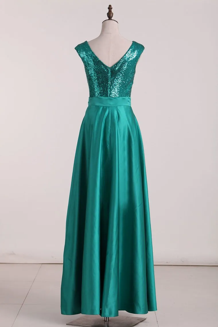 Sheath Bridesmaid Dresses V Neck Sequins Floor Length Detachable