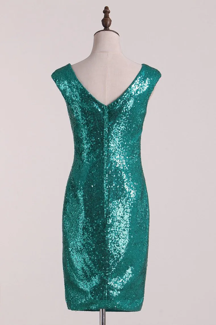 Sheath Bridesmaid Dresses V Neck Sequins Floor Length Detachable