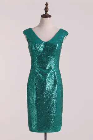 Sheath Bridesmaid Dresses V Neck Sequins Floor Length Detachable