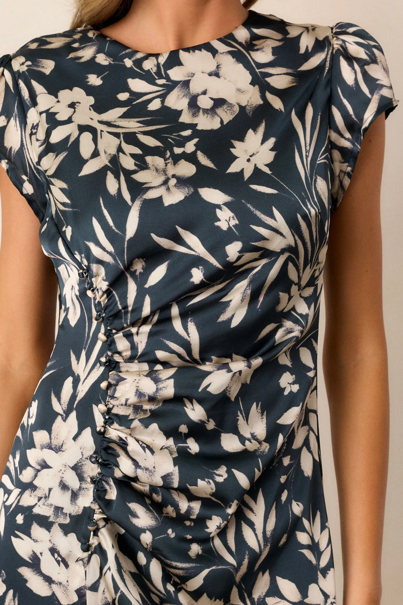 Silver Springs Dark Teal Floral Satin Midi Dress