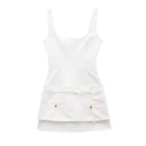 Siren White Square Colar Sashes Mini Dress