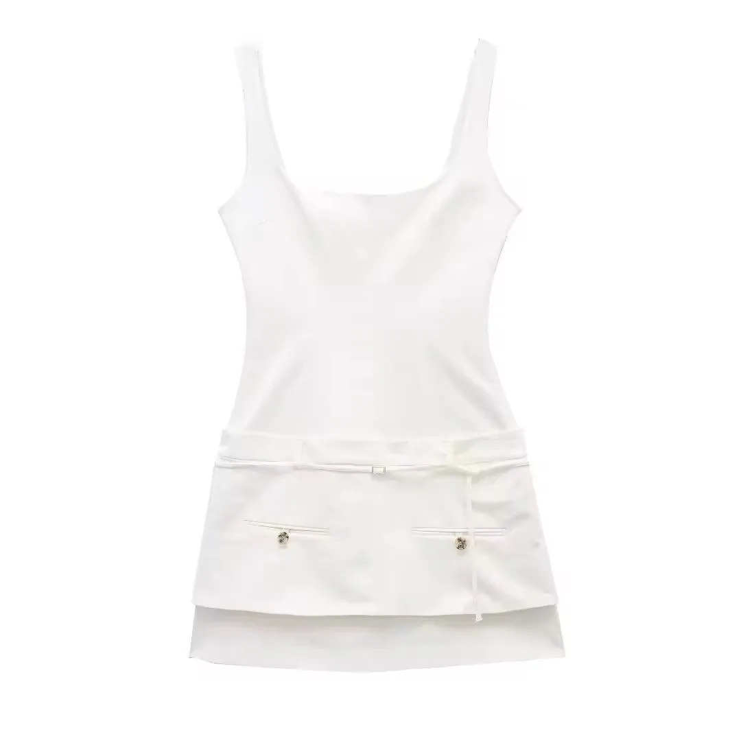 Siren White Square Colar Sashes Mini Dress