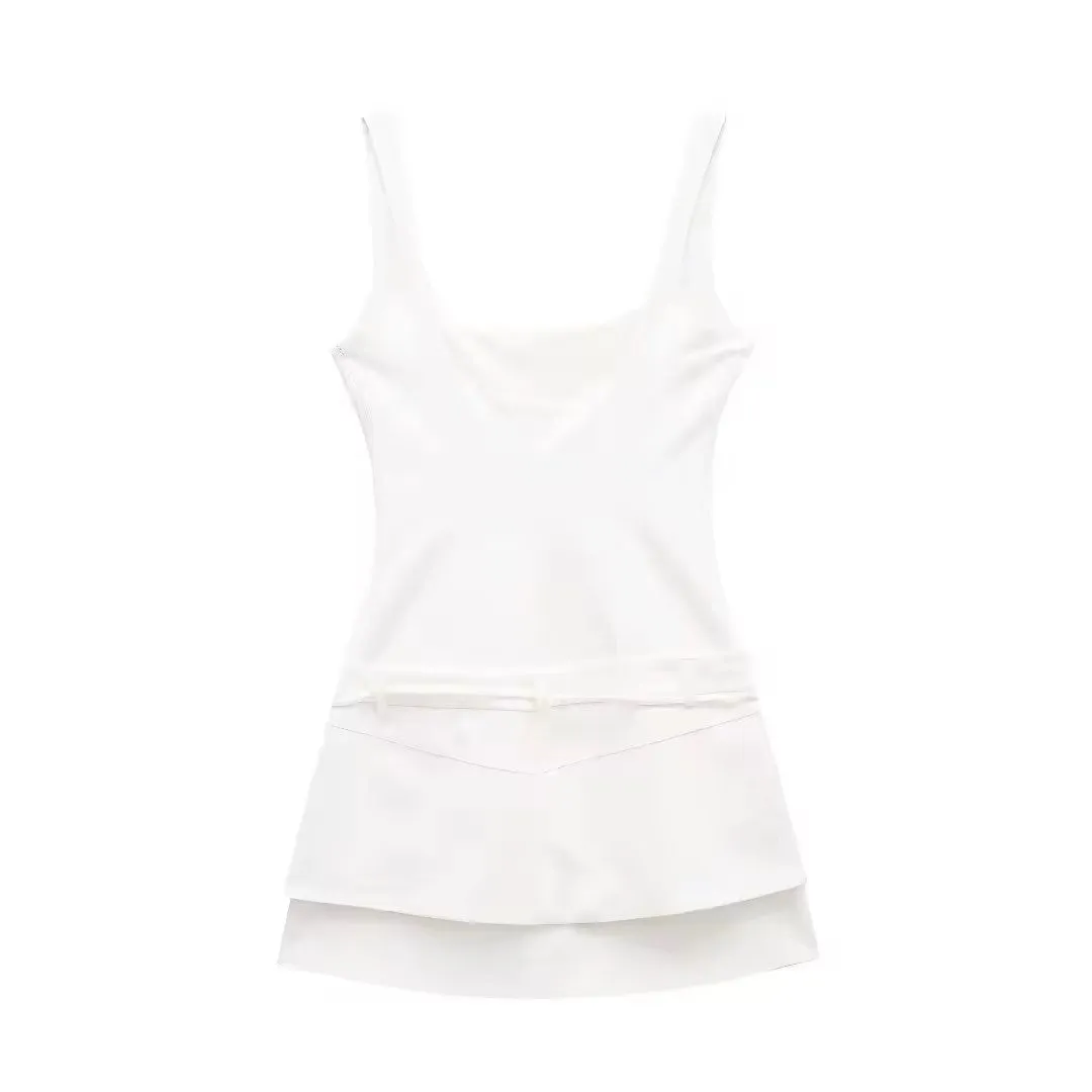 Siren White Square Colar Sashes Mini Dress