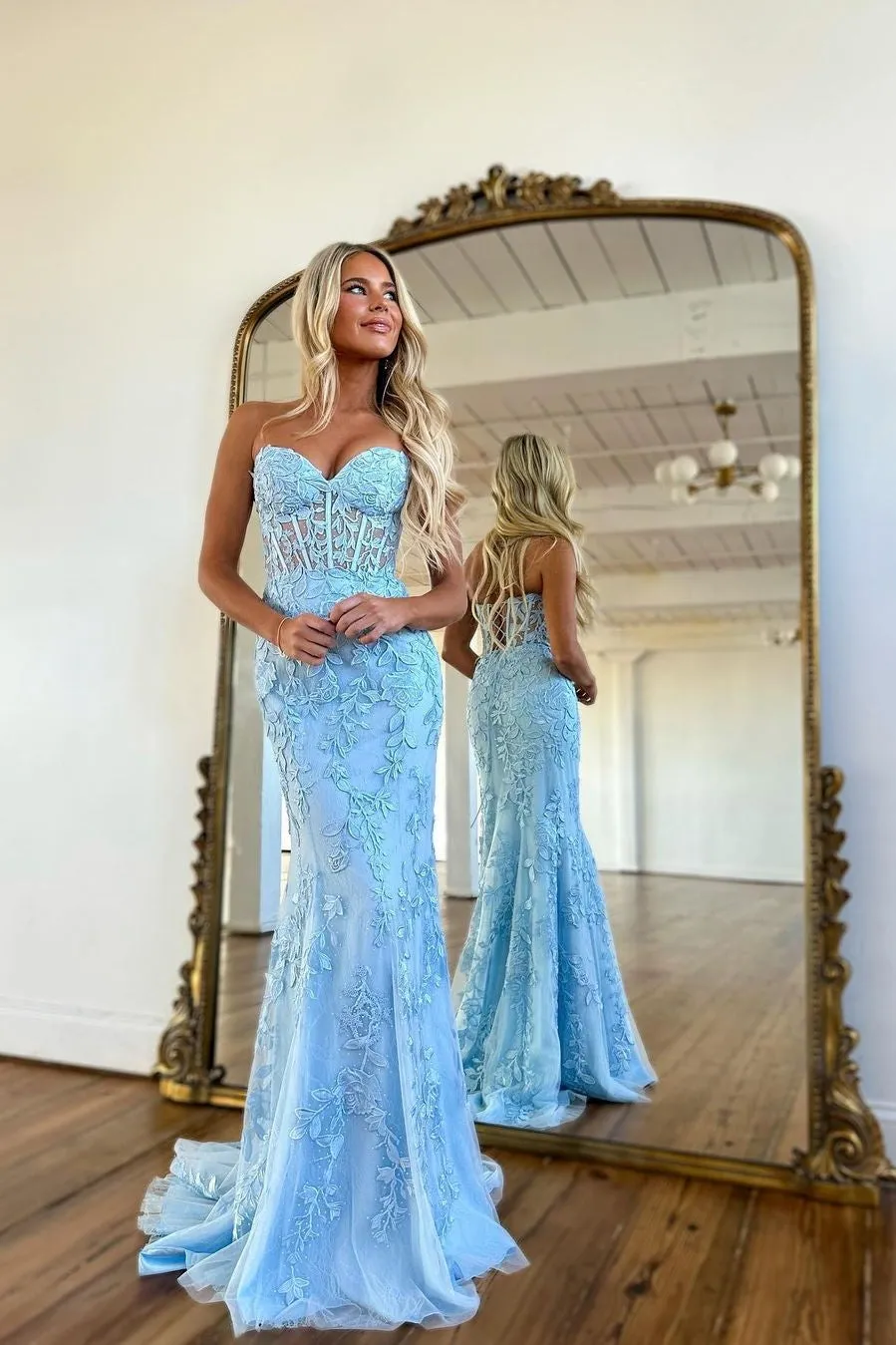 Sky Blue Long Mermaid Sweetheart Lace Formal Prom Dresses