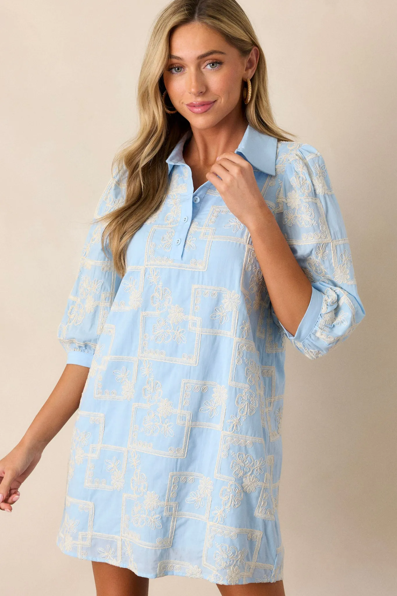 So Close 100% Cotton Light Blue Embroidered Mini Dress