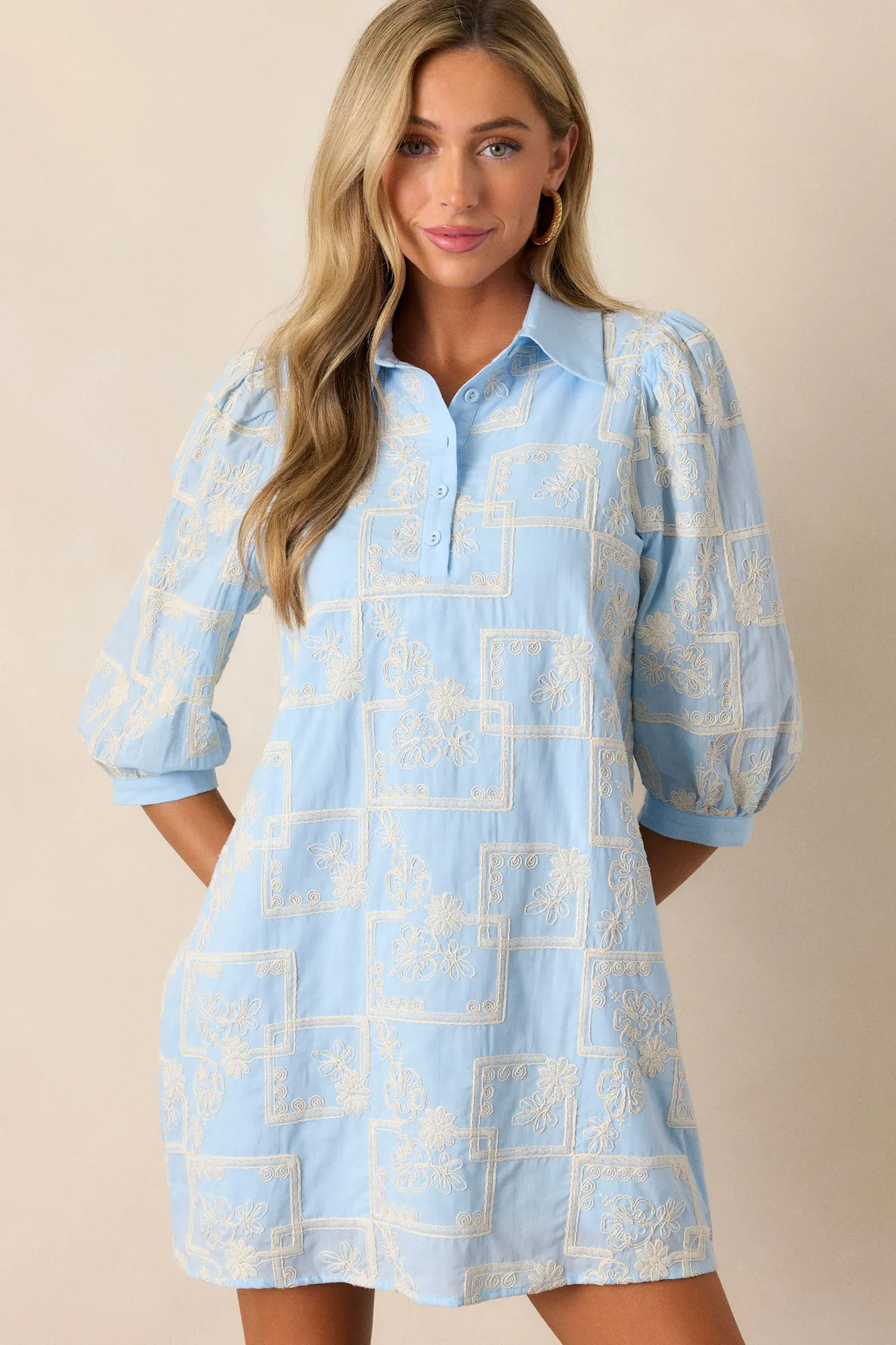 So Close 100% Cotton Light Blue Embroidered Mini Dress