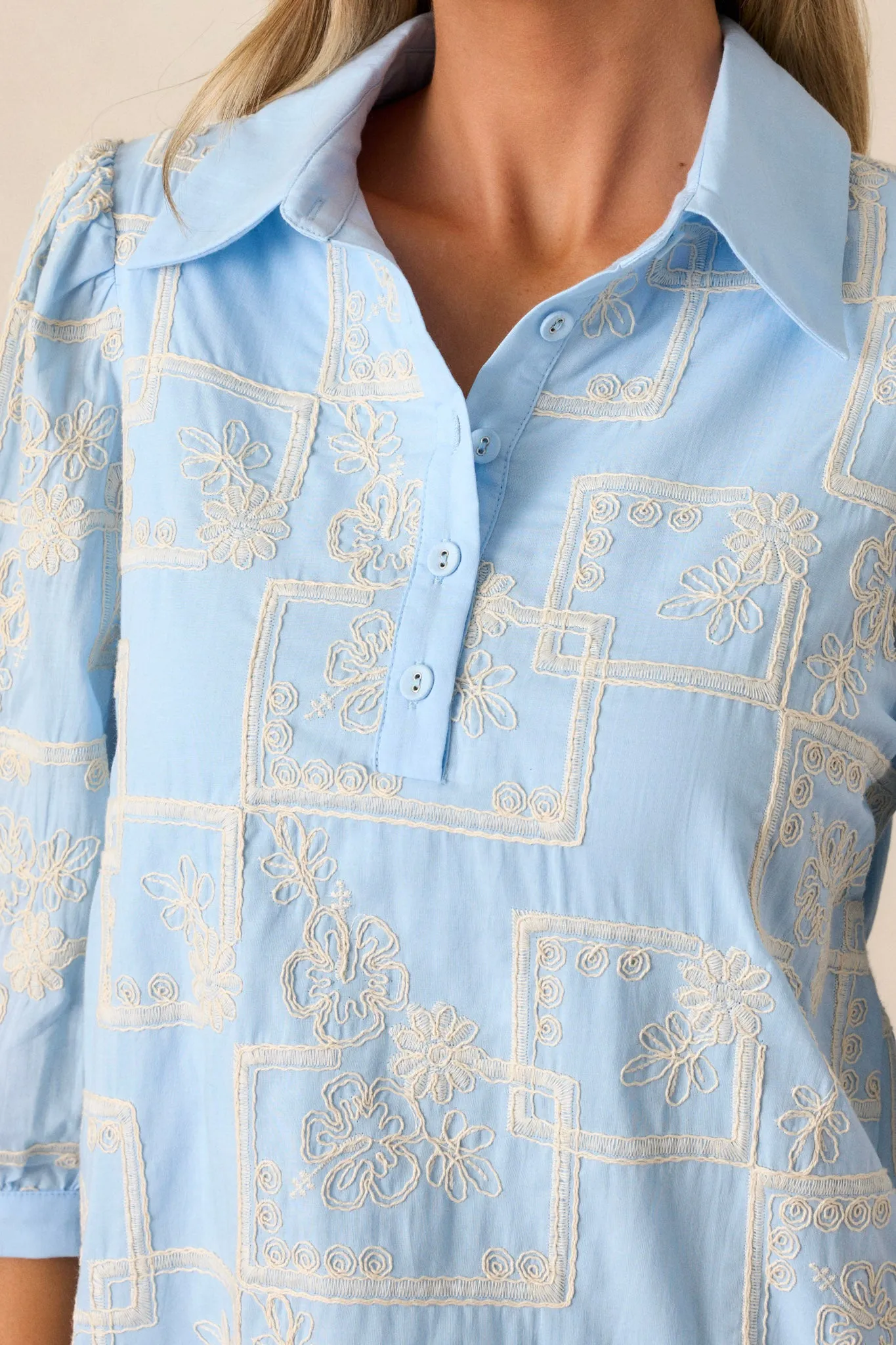 So Close 100% Cotton Light Blue Embroidered Mini Dress