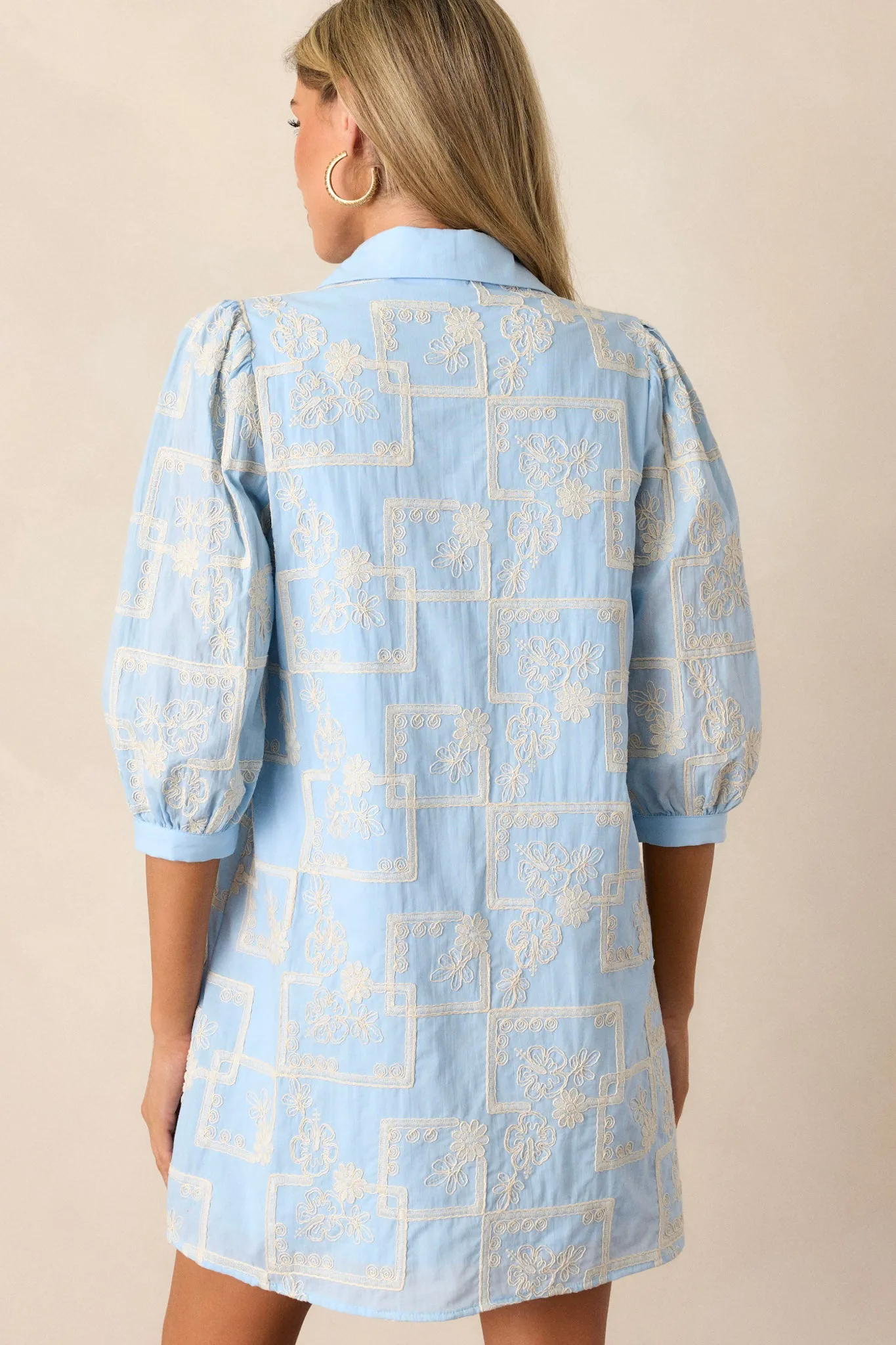 So Close 100% Cotton Light Blue Embroidered Mini Dress
