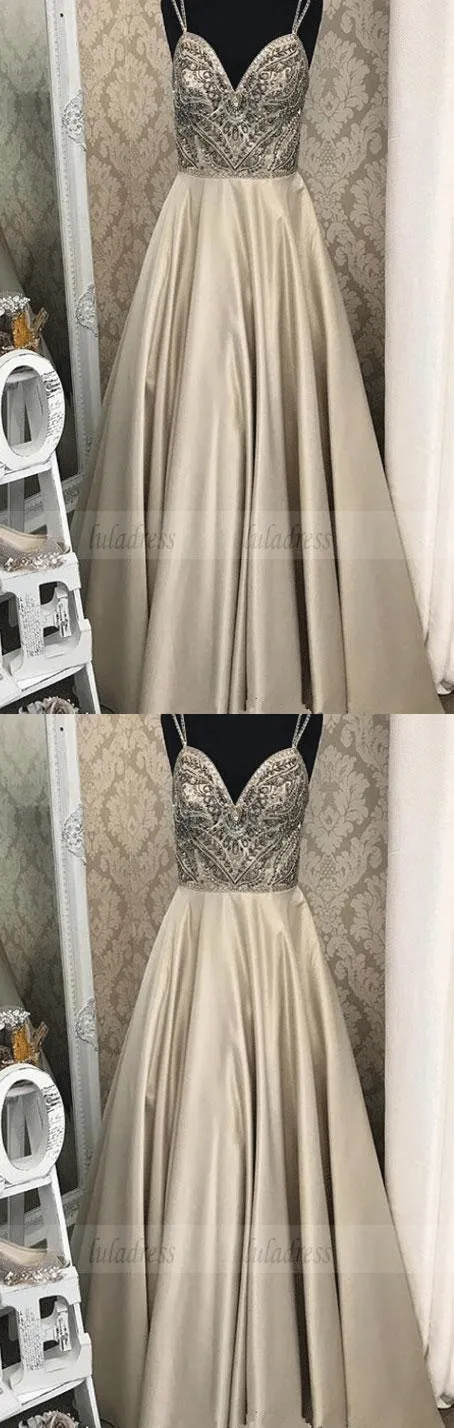 Spaghetti Straps Beaded Long Prom Dresses Formal Dress