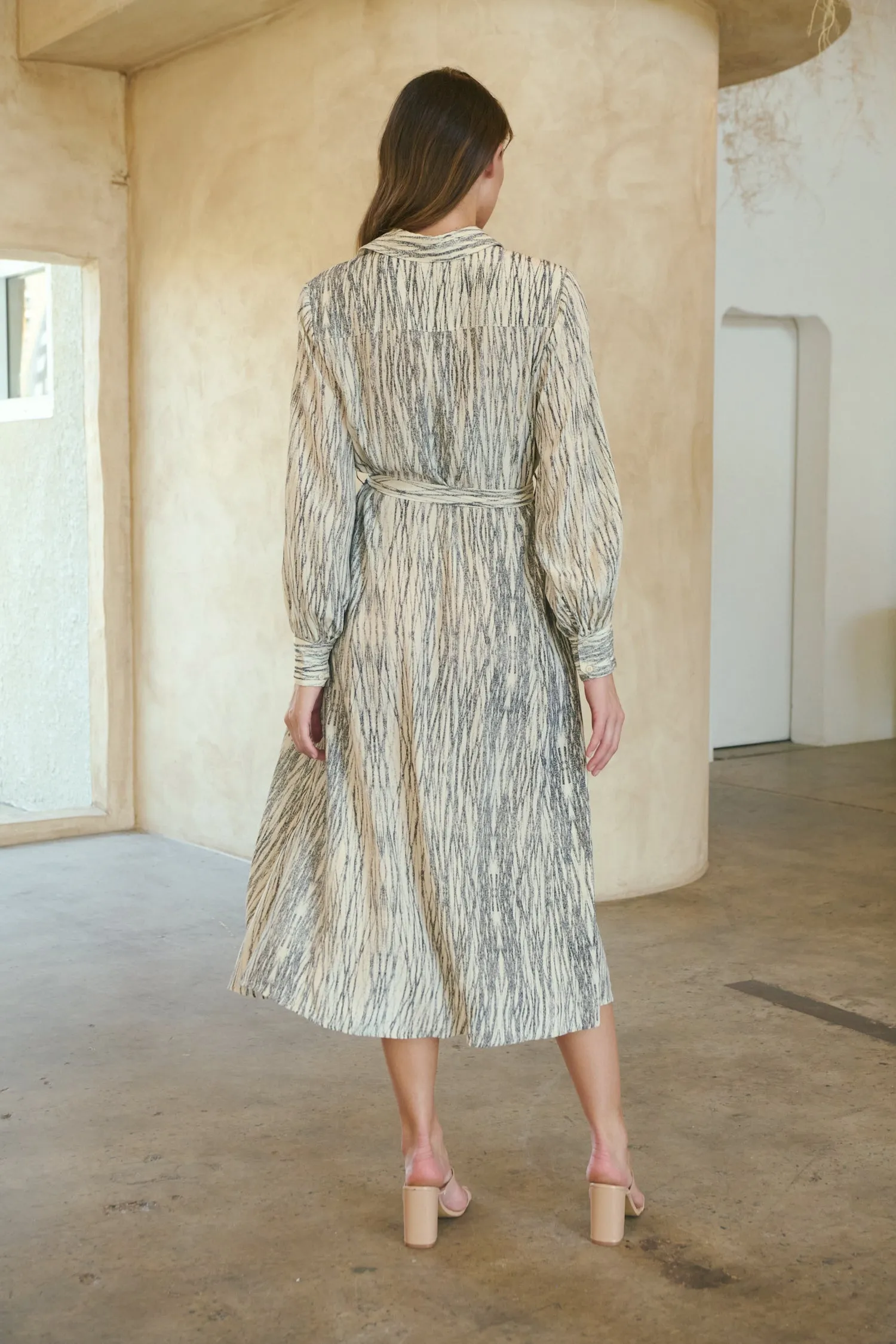 Stassie Long Sleeve Collared Beige/Black Print Button Midi Dress