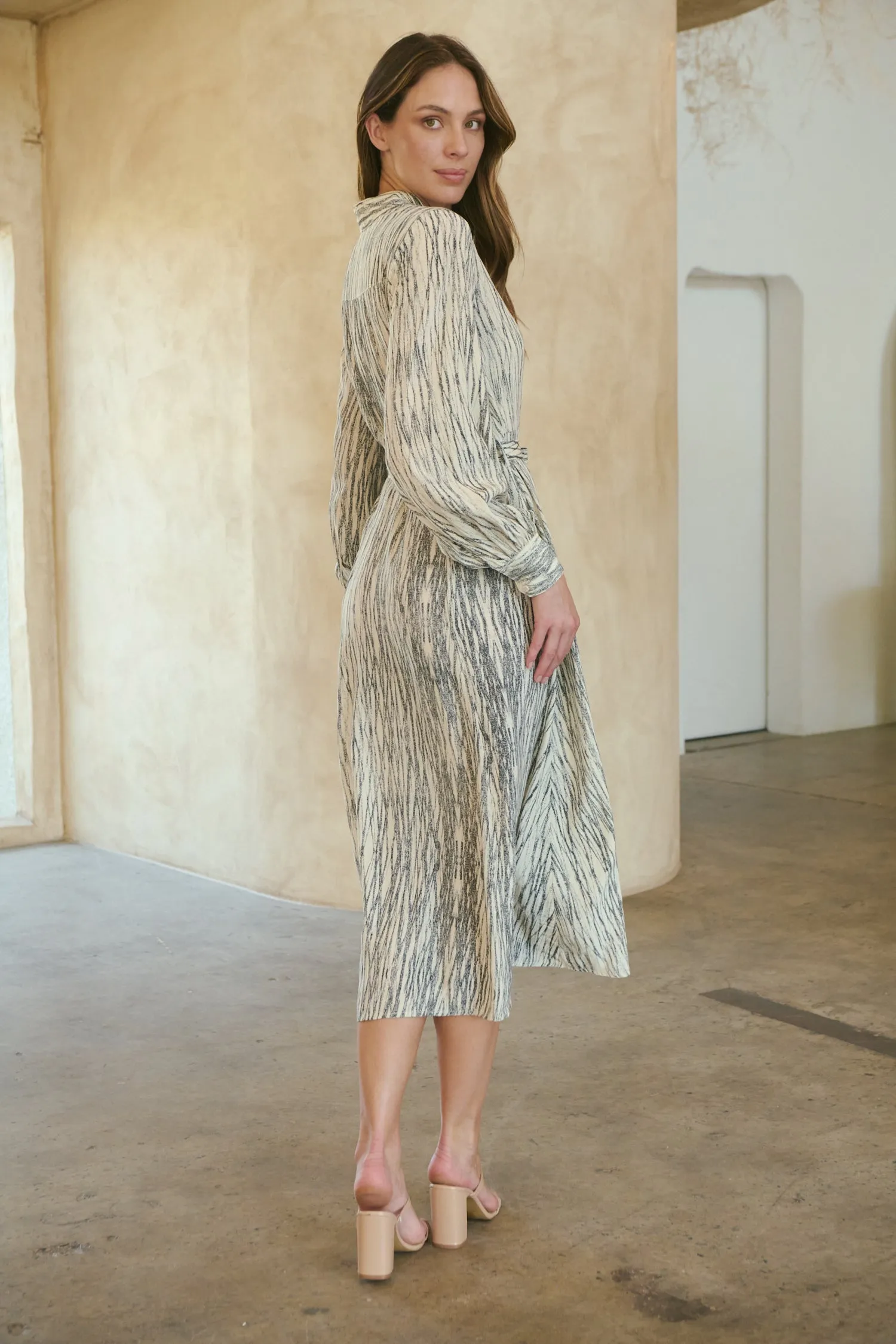 Stassie Long Sleeve Collared Beige/Black Print Button Midi Dress