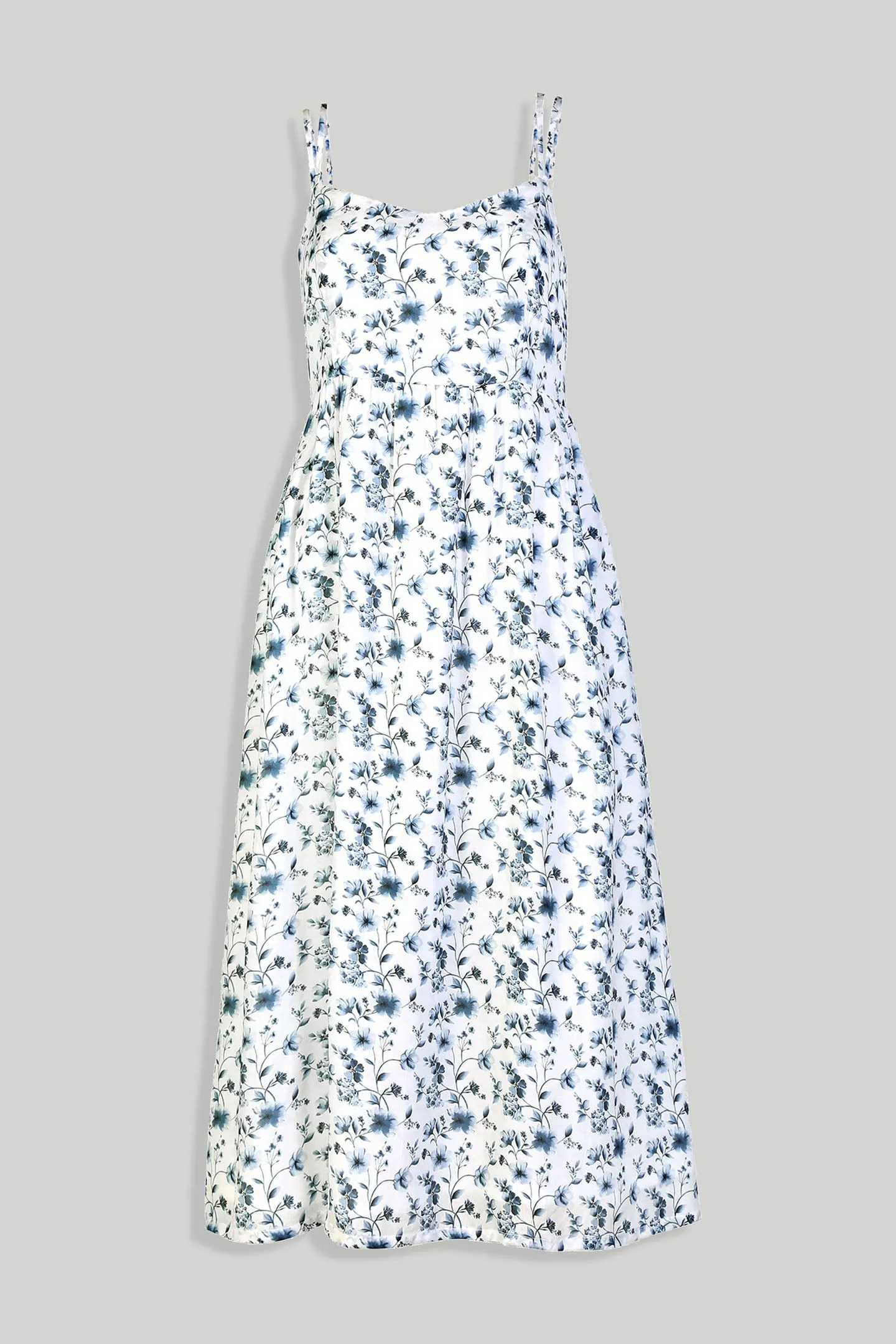 Strappy Gathered Blue Floral Midi Dress