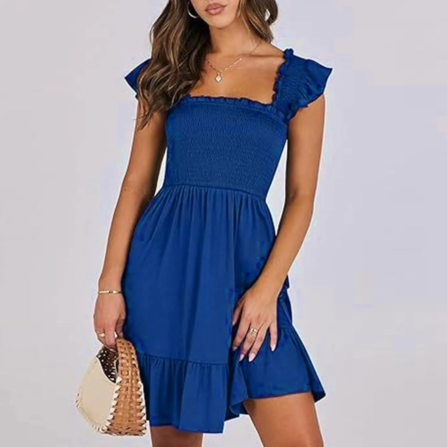 Summer Babydoll Dresses for Women 2025 Vacation Cute Ruffle Cap Sleeve V-Neck Flowy Swing Mini Dress Sundress
