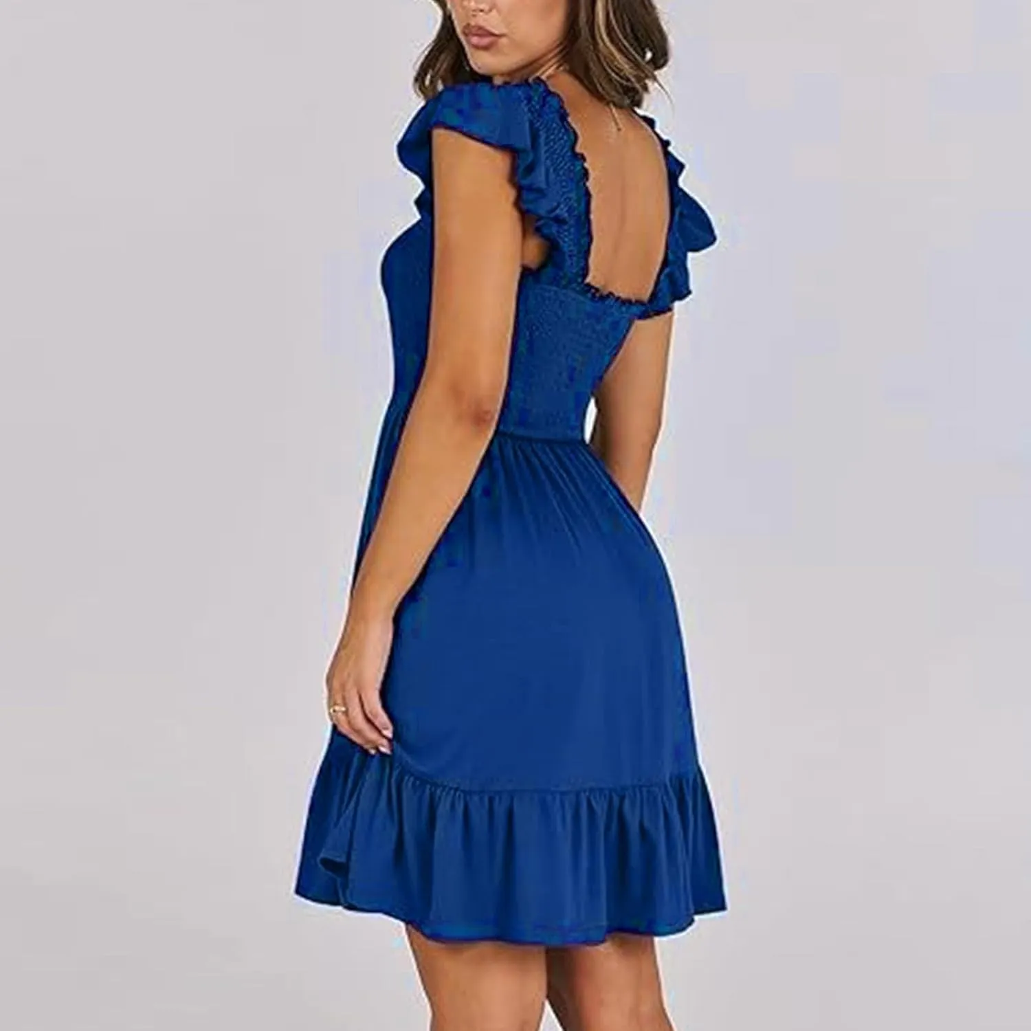 Summer Babydoll Dresses for Women 2025 Vacation Cute Ruffle Cap Sleeve V-Neck Flowy Swing Mini Dress Sundress