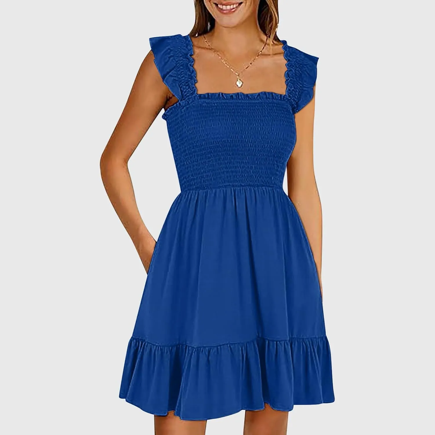 Summer Babydoll Dresses for Women 2025 Vacation Cute Ruffle Cap Sleeve V-Neck Flowy Swing Mini Dress Sundress