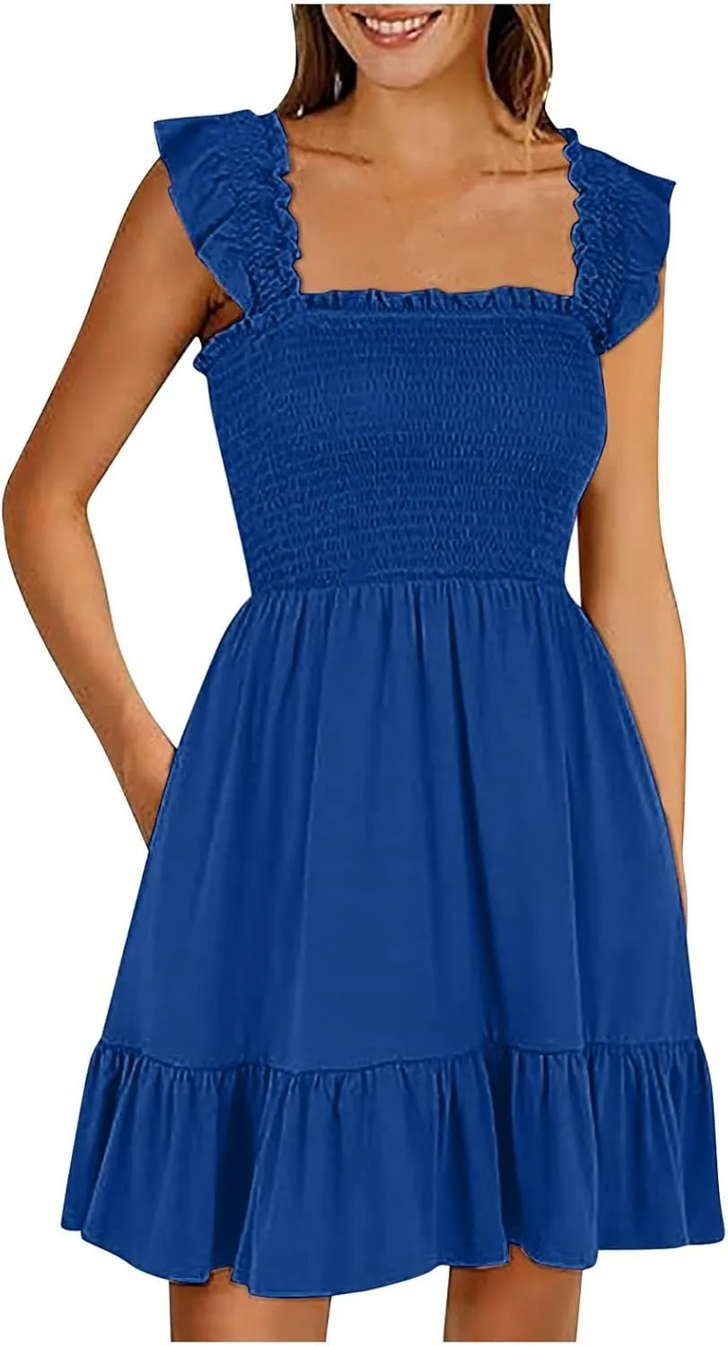 Summer Babydoll Dresses for Women 2025 Vacation Cute Ruffle Cap Sleeve V-Neck Flowy Swing Mini Dress Sundress