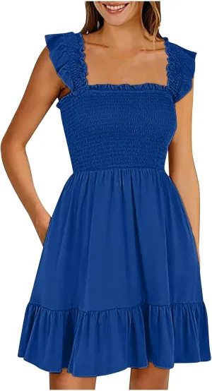 Summer Babydoll Dresses for Women 2025 Vacation Cute Ruffle Cap Sleeve V-Neck Flowy Swing Mini Dress Sundress