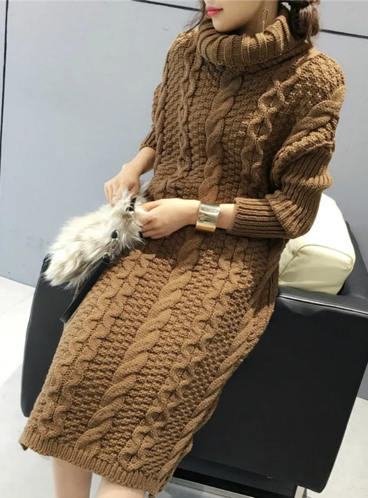 TastyHottie - Knitted Dress Turtleneck Long Sleeve Women Warm Long Sweater Dress
